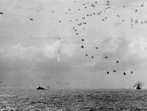 Kamikaze shot down near Okinawa on 14 May 1945, as seen from the USS Randolph (CV 15). (US Navy photo) Kamikaze shot down near Okinawa on 14 May 1945, as seen from the USS Randolph (CV 15). (US Navy photo)