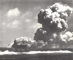 USS Wasp (CV-7) torpedoed and sunk in Torpedo Alley off Guadalcanal on 15 September 1942 by Japanese submarine I-19. (US Navy photo) USS Wasp (CV-7) torpedoed and sunk in Torpedo Alley off Guadalcanal on 15 September 1942 by Japanese submarine I-19. (US Navy photo)