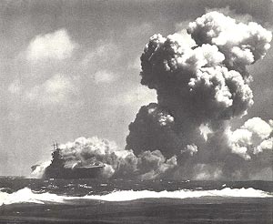 USS Wasp (CV-7) torpedoed and sunk in Torpedo Alley off Guadalcanal on 15 September 1942 by Japanese submarine I-19. (US Navy photo)