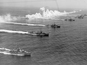 Farragut-class destroyers in fleet exercises off San Diego filmed by Movie Tone News in 1935. From left USS Alwyn (DD 355), Monaghan (DD 354) and Dale (DD 353). (US Navy photograph)