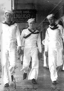 Bill Walker, Stan Massey and George Ogle (left to right) 'hit the beach' on Hotel Street in Honolulu. 'Those of us who had been on the Dale for a while walked with a swagger the new guys just couldn't step into right away' (Earl Pearson collection)