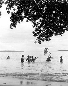 Swimmers enjoy the waters of Palikula Bay, Espiritu Santo, New Hebrides during the 1942 campaign for Guadalcanal. USS Dale was the first destroyer to visit this island, and her sailors were among those modeled by James Michener for his Tales of the South Pacific. Swimmers enjoy the waters of Palikula Bay, Espiritu Santo, New Hebrides during the 1942 campaign for Guadalcanal. USS Dale was the first destroyer to visit this island, and her sailors were among those modeled by James Michener for his Tales of the South Pacific.